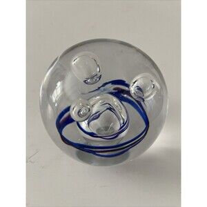 EUC Signed Art Glass Globe Blue Hand Blown Bubbles Heavyweight Paperweight 3.25”